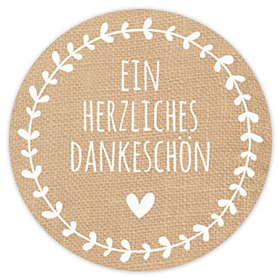 KuschelICH 50 runde Papier-Aufkleber in Jute-Optik Ein Herzliches Dankeschön mit kleinem Herz und Ranke - 5cm Durchmesser