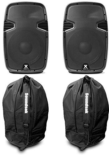 VONYX SPJ1200ABT 12 Active Powered PA Speaker Package with Bluetooth, USB/SD MP3 Playback, Adjustable EQ and Speaker Bags - 1200W Integrated Audio System