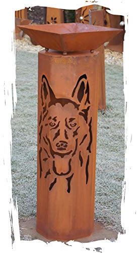 8-Eck Säule Schäferhund + Schale Classic Edelrost Rost Metall Gartendeko Garten Stele