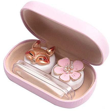 Cute Contact Lens Cases, Cat Contact Lens Soak Storage Box, Portable Pink Contact Lens Holder with Tweezers for Travel Kit (Pink Case Fox)