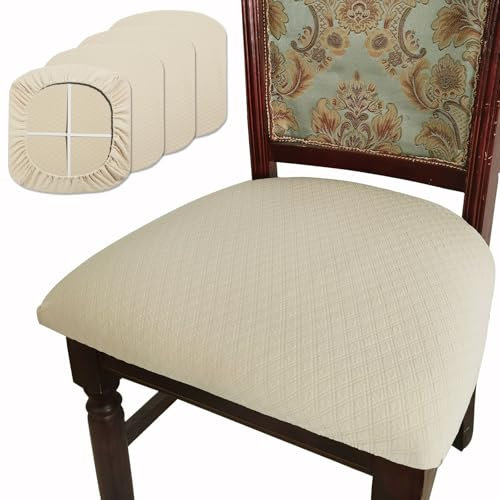 BUYUE Juego de 4 fundas de asiento para sillas de comedor, TPU no mezclado, tela jacquard amigable, elástica, lavable, para cojines de asiento de cocina, beige, 4 piezas