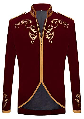 PYJTRL stylische Herren-Jacke im Prinzen-Stil, schwarzer Samt mit Goldstickerei, Blazer, Anzugjacke, weinrot, 3XL