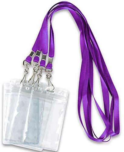 Cordini con porta badge identificativo, etichette per biglietti, cordino, chiavi, collana personalizzata, ganci a J, clip in plastica trasparente, impermeabili, confezione da 50 cordini (viola, 50