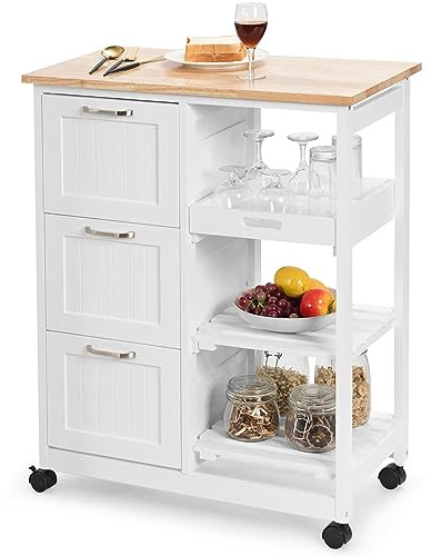 COSTWAY Carrello da Cucina con Ruote, Credenza Cucina con 4 Ripiani e 3 Cassetti, in Legno, Ideale per Cucina Ristorante e Bar, 67 x 37 x 83,5 cm (Bianco)