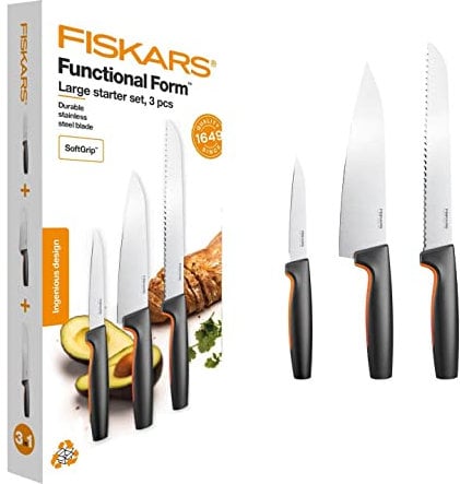 Fiskars Küchenmesser-Set, 3-teilig, Functional Form, Inklusive Kochmesser (mittel), Gemüsemesser und Brotmesser, Japanischer Edelstahl/Kunststoff, 1057559