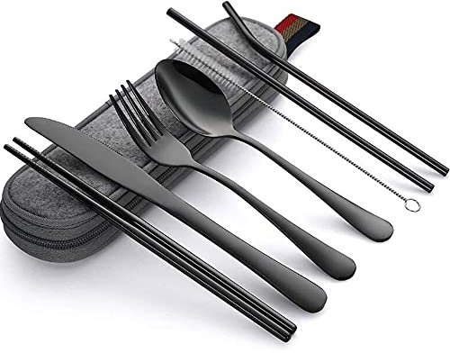 Travel Cutlery Set, 8 Pieces of Stainless Steel Portable Cutlery, ortable and Reusable Travel Utensils, Including Fork, Spoon, Chopsticks, Cleaning Brush and Straw (Black)