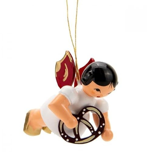 Kunstgewerbe Uhlig Christbaumschmuck Engel schwebend mit Brezel - Rote Flügel - 5,5 cm