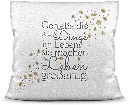 PR Print Royal Kissen mit Spruch - Genieße die kleinen Dinge im Leben - Statement Deko-Kissen, Geschenk für Familie und Freunde - Kissen weiß flauschig, 40x40 cm, inkl. Füllung