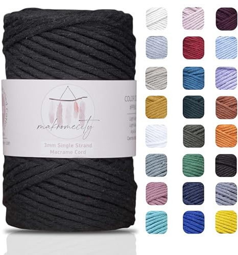 Makromecity, Cordoncino macramè a filo singolo, 3 mm x 100 m, 3 mm, filo di cotone nero intrecciato per macramè, arte e artigianato, per appendere alla parete, filo di cotone riciclato fai da te
