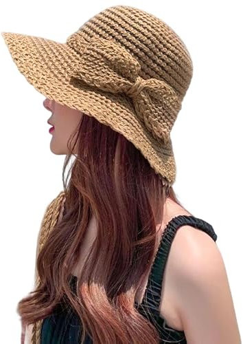 Cappello Di Paglia Donna, Cappello Da Sole Donna Pieghevole UPF 50+ Cappello Da Spiaggia Tesa Larga Con Nodo Di Prua, Cappello Da Sole Protezione UV, Cappelli Paglia Estate Per Vacanze (cioccolato)