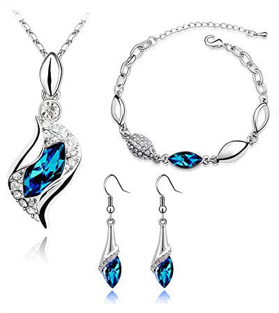 FDEETY Strass Brautschmuck Set Österreichischer Kristall Halskette Armband Ohrring Set für Damen Mädchen Engels Tränen Schmuck Set, Blau