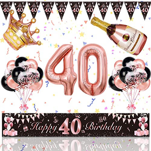 Magiccute 40. Geburtstag Frauen Deko, Geburtstagsdeko Frauen Lange Happy Birthday Banner Girlande Wimpel und Schwarz Rosegold Konfetti Luftballons Deko Set