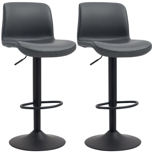HOMCOM Bar Stools Set of 2 Height Adjustable, Backrest Footrest, Dark Grey | Barstools, PU Leather Upholstered Dining Stools, for Kitchen Counter Breakfast Bar