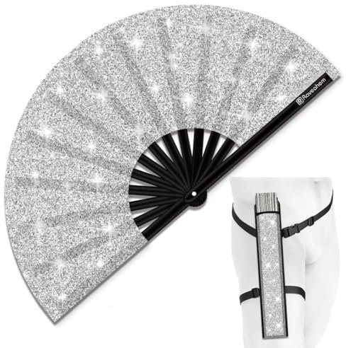 Raveahem Glitter Large Rave Folding Clack Hand Fan with holster for men/women Handheld Fan for EDM,Festival,Club,Party,Dance, Silver