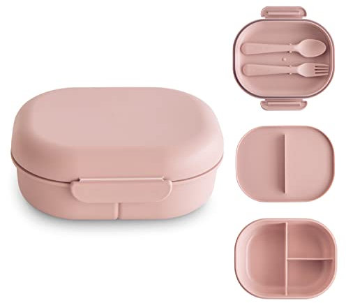 mushie Fiambrera Infantil Lunch Box | Divisor y compartimentos con tapas bloqueables | Con cubiertos tenedor y cuchara plástico sin BPA (Blush)