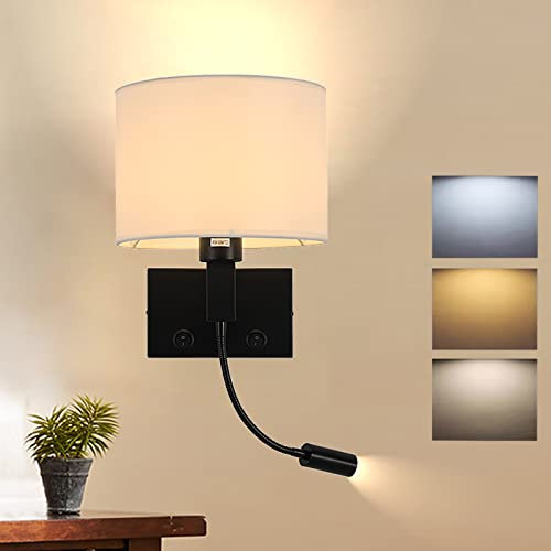 Applique Murale LED Dimmable Lampe de Chevet avec Interrupteur Liseuse Cygne Flexible Lampe de Lecture E27 Lumière de Murale avec Abat Jour Tissu Éclairage Intérieur pour Salon Hôtel Chambre à Coucher