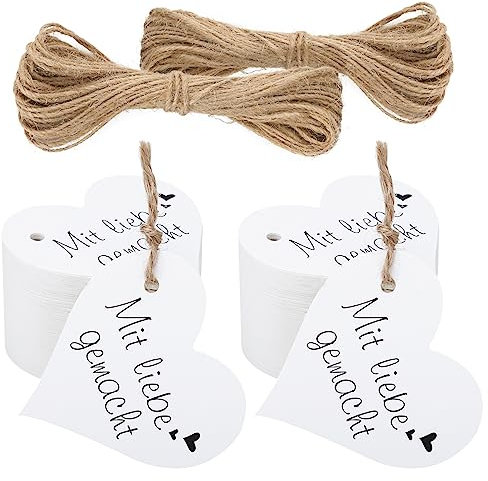 jijAcraft 100 Stück Herz Geschenkanhänger Mit Liebe Gemacht, 6 CM Hochzeit Anhänger Weiß Kraftpapier Etiketten mit 20M Juteschnur, für Valentinstag Weihnachten Geschenkverpackung