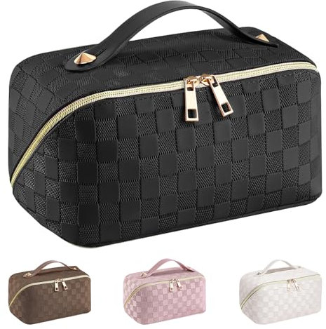 Grande Trousse de Toilette Femme Voyage Capacité,Pochette Trousse Maquillage Voyage XXL en Cuir PU,Makeup Bag Organizer Trousse Rangement Maquillage pour Femmes Fille(Damier-Noir)