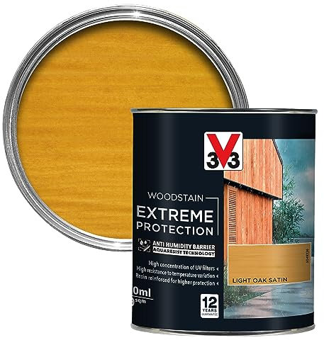 V33 Extreme Protection Woodstain - 12-Year Guarantee - Extreme Weather Protection - Anti-Humidity Barrier - Only 2 Coats - Light Oak 750ml