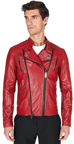 D'Arienzo Chiodo in Pelle Rossa Vintage Uomo Trapuntato Giubbotto Vera Pelle Made in Italy Kevin 50/Rosso