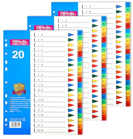 FUYOAL File Dividers A4, 3 Pack 20 Part A-Z Folder Dividers Coloured Multi Hole Plastic Binder Dividers for Lever Arch Files Office School Index Dividers