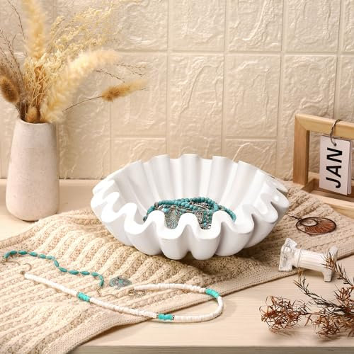 Domensi Decorative Bowls for Home Decor Handcrafted Resin Fluted Ruffle Tray Fruit Scalloped Key Bowl for Entryway Table Console Decor Styling Coffee Table Bookshelf Accents(10'' Wide)
