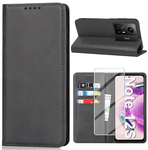 Handyhülle für Xiaomi Redmi Note 12S Hülle mit Schutzfolie, Schutzhülle Redmi Note 12S PU Leder Wallet Kartenfach Ständer Klapphülle Lederhüllen Case für Xiaomi Redmi Note 12S Tache Cover (Schwarz)