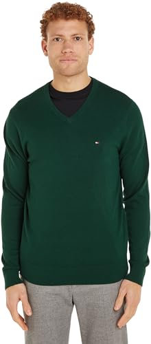 Tommy Hilfiger Herren Pullover Essential Cotton V-Ausschnitt, Grün (Ornamental Green), S