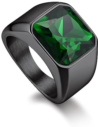 Bandmax Ringe für Herren Siegelring Ring Grün Edelstahl Bandring Ring Schwarz Größe 67mm Ring mit grünem Stein 12MM breit Herren Schmuck Accessoires