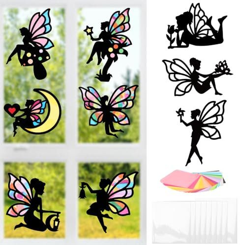 MONCAP 9pcs Fairy Crafts for Kids Make You Own Fairy Craft Kit Fairy Stained Glass Effect Paper Window Stained Glass Fairy Suncatcher for Child Girl DIY Window Art Craft Classroom Party Decor