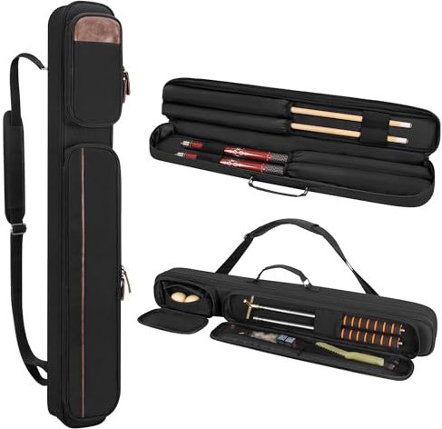 Rexmica Custodia per stecca da biliardo 2 x 2, con manico e tracolla staccabile, morbida borsa imbottita per stecche da biliardo con tasca frontale per accessori, colore nero