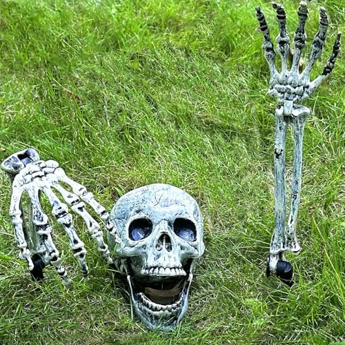 Eyglajdd 3 Stück Halloween Deko Skelett Spieße mit Armen and Totenkopf, Gruselige Grabdekoration für Garten, Grabschmuck mit vergrabenen Schädeln & Händen, Outdoor Spieße für Gräber Partys