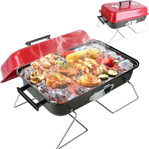 iMounTEK Tragbarer Holzkohlegrill für den Außenbereich, Tischgrill, kleiner Grill, Smoker, zusammenklappbarer BBQ Grill mit Deckel für Hinterhof, Camping, Picknicks, Strand, für Outdoor-Kochen,