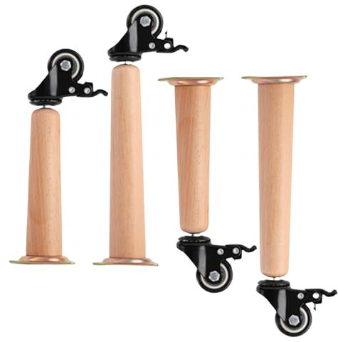 DSWZLQDXB 4 Stück Möbelfüße Massivholz mit Rollen mit Bremsen Kabinettfüße Buchenholz Mobile Tischbeine,Gerader Kegel TischBeine Bett Schrank Sofa Beine Ersatzkabinettfüße