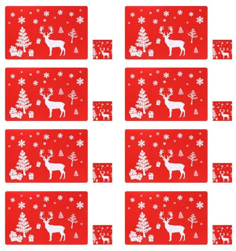 Scettar 16 Christmas PVC Placemats, Coasters and Cutlery Set - Washable Heat Resistant Reindeer Xmas Table Decoration for Dining (Red)