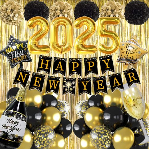 Silvester Deko Party 2026, Deko Silvester Party 2026, Schwarz Gold Neujahr Dekoration Set mit Happy New Year Deko Girlande, 2026 Folienballons, Pompoms, Regenvorhang für Neujahr Deko 2026 Partyzubehör