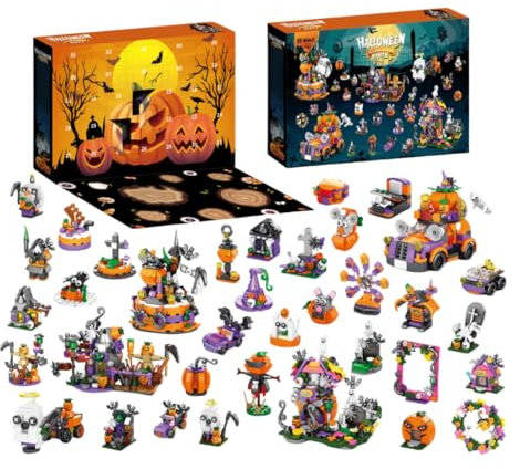 Halloween Adventskalender 2024 Bausteine Modell Set, 6 In 1 Countown Klemmbausteine Spielzeug Bausatz für Kinder Jugendliche, Gespenst Friedhof Kürbis Batmobile Jack O Laterne Geschenk 1328 Teile