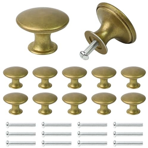 Parastar 12 PCS Antique Brass Door Handles, Round Brass Cupboard Handles with Screws, Vintage Door Knobs 3 * 2.1 CM, Universal Brass Drawer Knobs, Furniture Knobs for Wardrobes, Cabinets