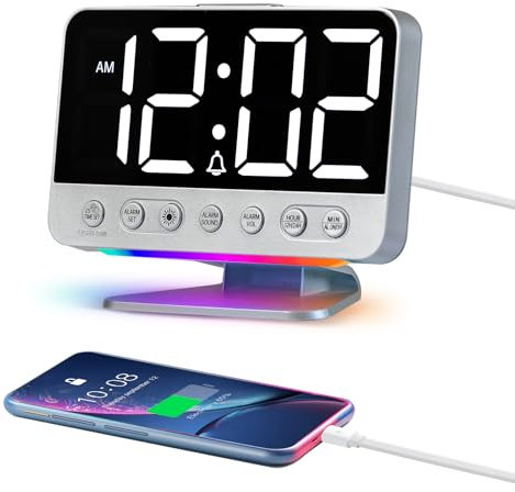 Venchin Lauter Wecker Digital mit Großen Zahlen: LED Wecker mit Ladestation, Helligkeit und Lautstärke Regelbar, Snooze, 12/24HR, Tischuhr Digital Uhr Netzbetrieben - Silber