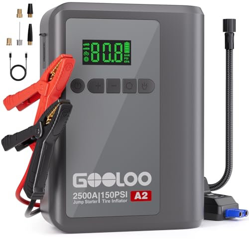 GOOLOO A2 8-in-1 Starthilfe Powerbank mit Luftkompressor, 2500A Auto-Starter (8L Benzin/6L Diesel), 150 PSI kabelloser Auto-Abschaltreifeninflator, 12V Lithium-Starterbatterie mit Starthilfekabeln