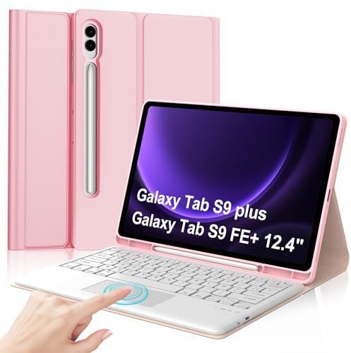 IVEOPPE Coque Clavier pour Samsung Galaxy Tab S9 FE Plus/S9 Plus 12.4 2023 avec Touchpad, Étui Keyboard AZERTY Layout Bluetooth Amovible avec pavé Tactile avec Porte Crayon, Rose