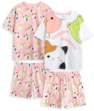 Squishmallows Girls Pink Feelin' Mallow Multi-Pack of 2 Short Sleeve Short Leg Pyjama Sets | Cartoon Sleepwear | Elasticated Waist Shorts | Cute Nightwear for Children