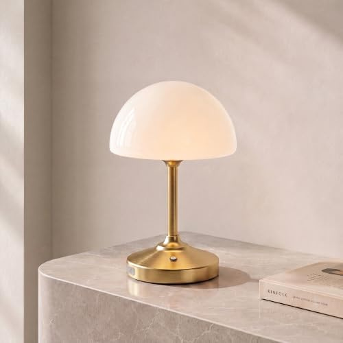 Dawnwake Bedside Lamps Mushroom Table Lamp, 5000mAh Rechargeble Desk Lamp | 11.02 Small Cordless Lamps for Living Room Bedroom Decor, 3 Level Dimming Portable Bedside Lamps with Glass Shade - Gold
