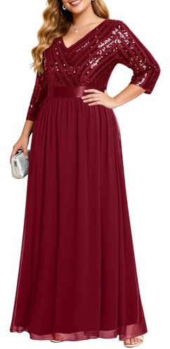 Talisea Damenkleid, Übergröße, V-Ausschnitt, 3/4-Ärmel, Pailletten, Abschlussball, Abendkleid, langes Maxikleid