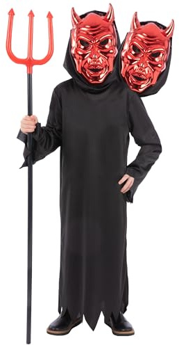 Smiffys 2 Headed Demon Reaper Costume for Kids, Scary Halloween Fancy Dress Outfit with Black Hooded Robe, Double Red Demon Mask, Creepy Two Head Reaper, Trick or Treating, Spooky Horror