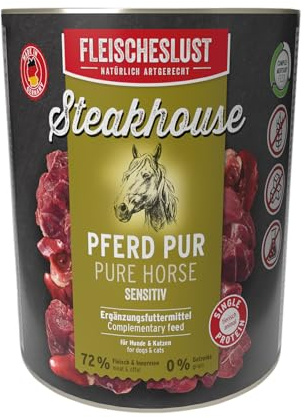 Fleischeslust Nassfutter für Hunde & Katzen | Steakhouse Pferd pur (6x800g) | Reinfleisch-Dosen | Monoprotein | Ergänzungsfutter | getreidefrei | sensitiv