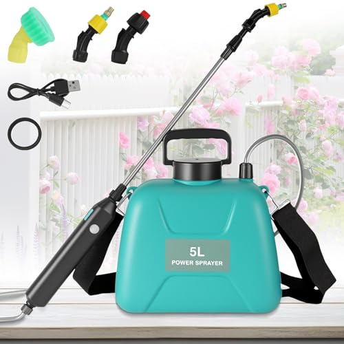Drucksprüher Akku 5L,Gartenspritze Drucksprüher,mit 3 Düsen & Verstellbarer Schultergurt,60CM Teleskop-Sprühbalken,USB-C-Laden,Geeignet zum Jäten, Düngen, Gießen(Verbesserte Version)