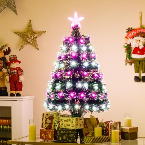 COSTWAY 90 cm Künstlicher Weihnachtsbaum mit Beleuchtung, Tannenbaum mit mehrfarbigen Glasfasern, 96 lila & weißen LEDs, 8 Modi, 96 PVC-Zweigspitzen & Stern Oben, Christbaum, Kunstbaum Weihnachten