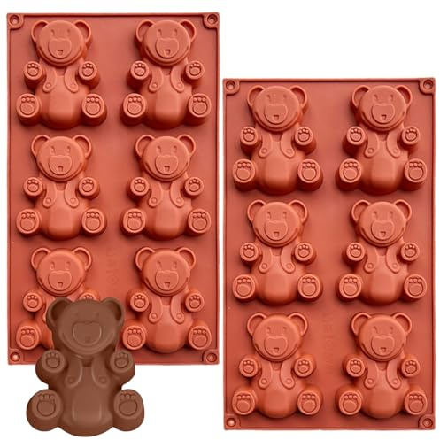 YXHZVON 2 Stück Silikonform Form einer Tragen Bär, 6 Mulden, Antihaft Küche Besondere BPA-frei, für Schokolade, Muffins, Cupcakes und Gelee (Ziegelrot)