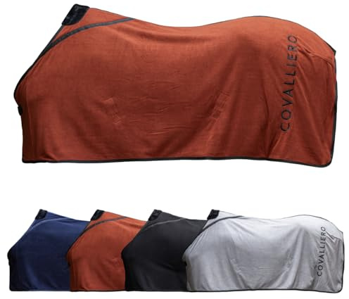 Covalliero - Fleecedecke – Pferde Abschwitzdecke – Decke mit Widerristpolster aus Fell, Kreuzgurten, Brustschnalle & Schweifriemen – atmungsaktive Pferdedecke in Rust – Größe 145cm